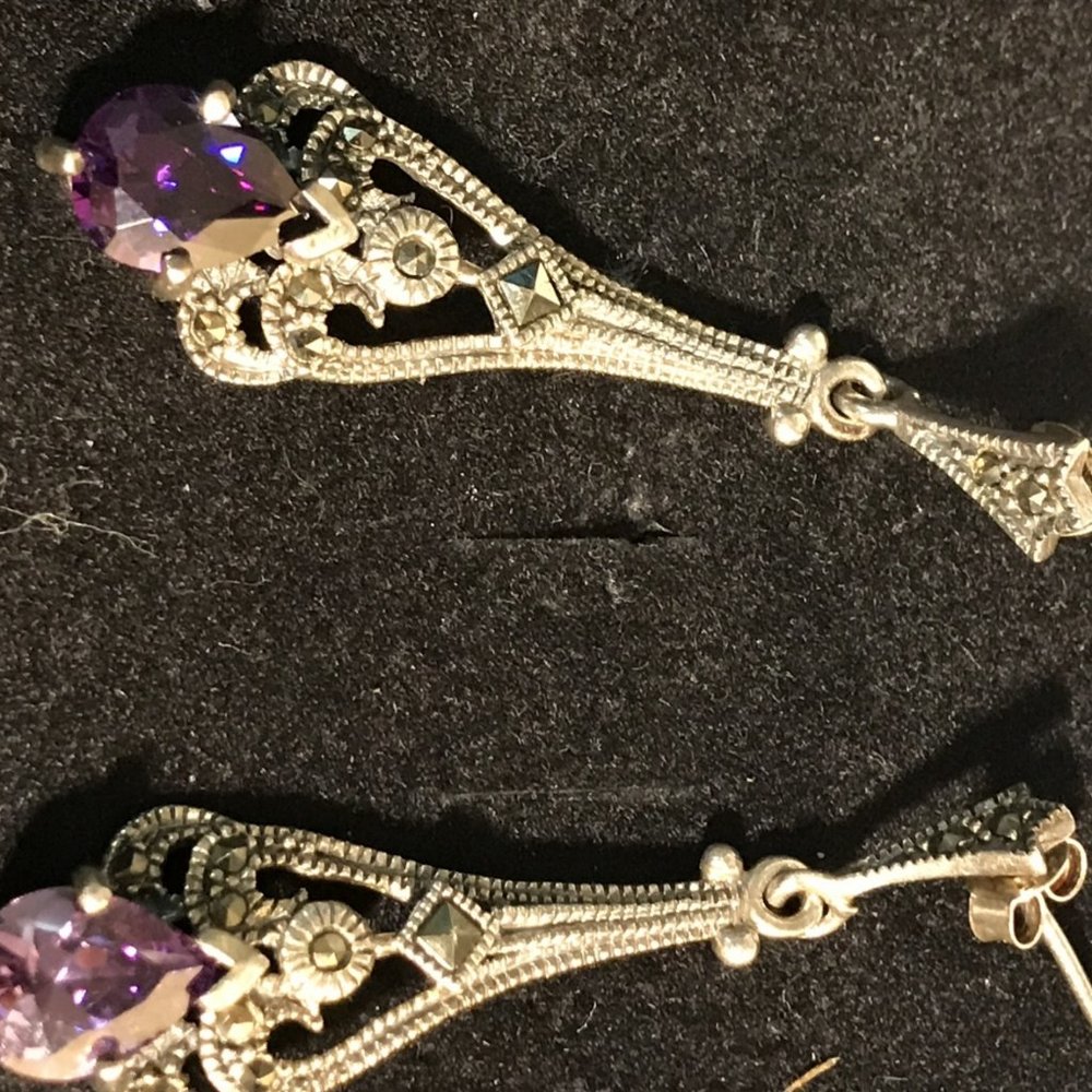 STERLING SILVER AND AMETHYST FILIGREE EARRINGS